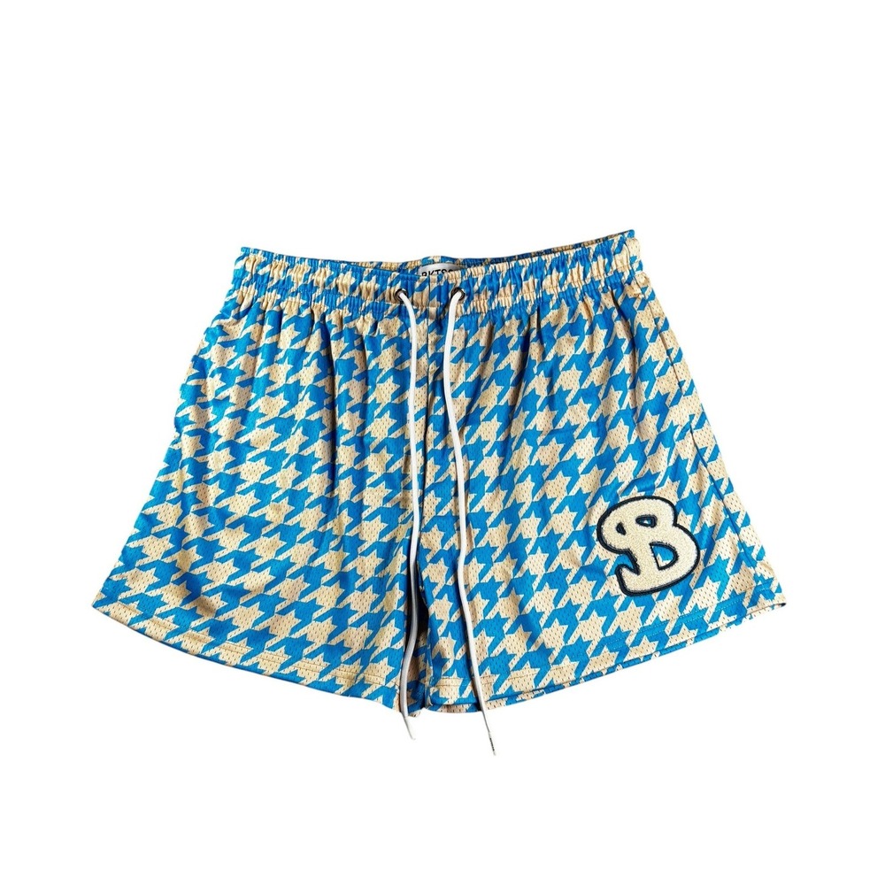 BKTSQD Mens Blue Tan Houndstooth Mesh Basketball Shorts Size L Chenille Patch